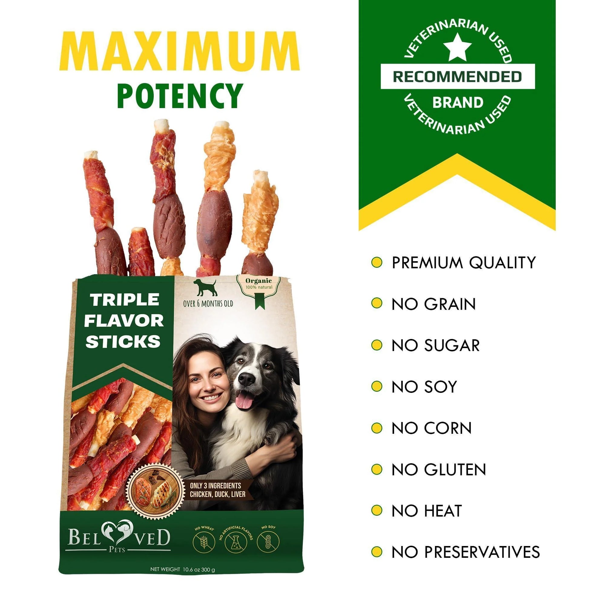 Triple Flavor Dog Rawhide Treats Duck & Chicken Human Grade Meat Natural & Organic Pet Dried Snacks Grain Free Long Lasting Chews for Large & Small Dogs Best Sticks for Healthy Teeth